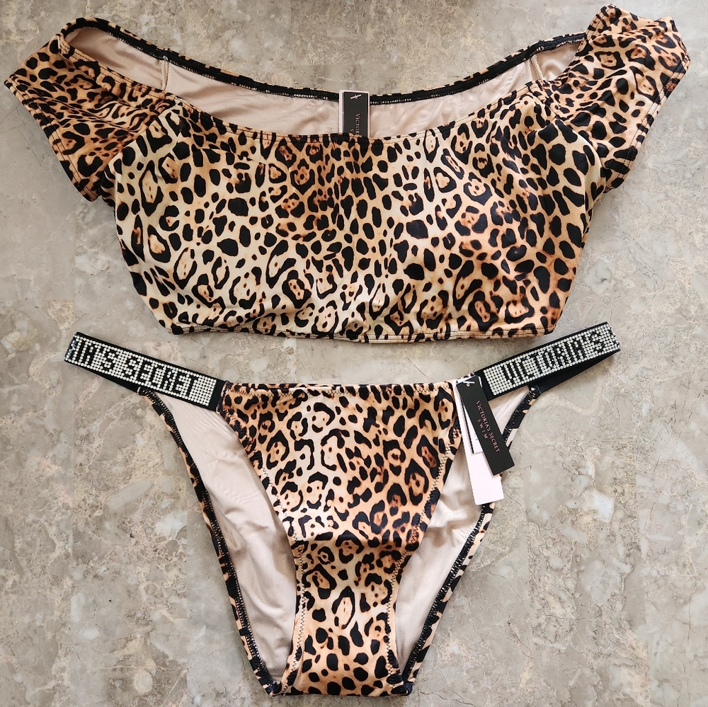 S/M VS Swim Crop Top Bikini Top Shine Strap Bikini Set Leopard